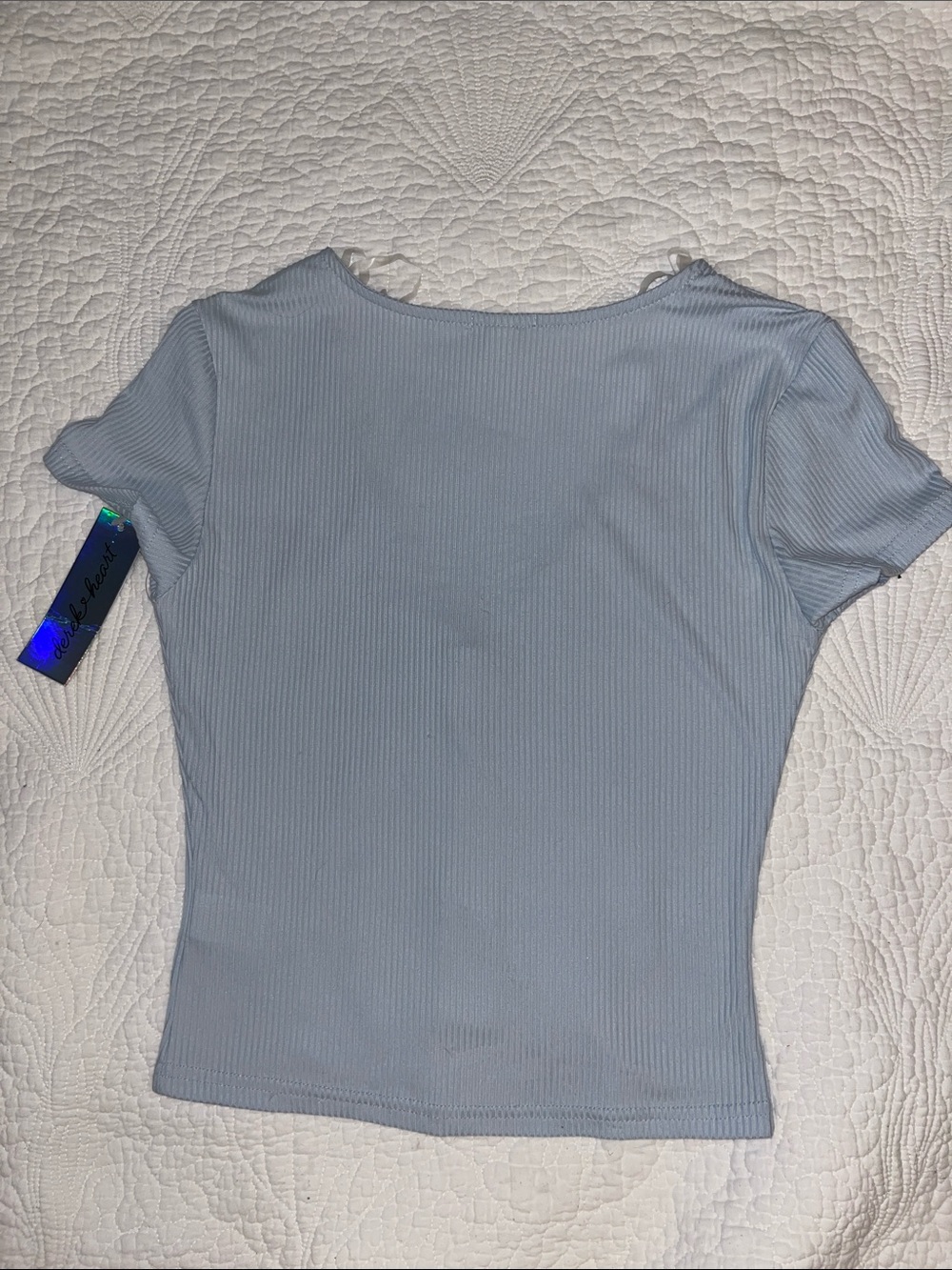 Light Blue Ribbed Button-Front V-Neck Top - Picture 3 of 4